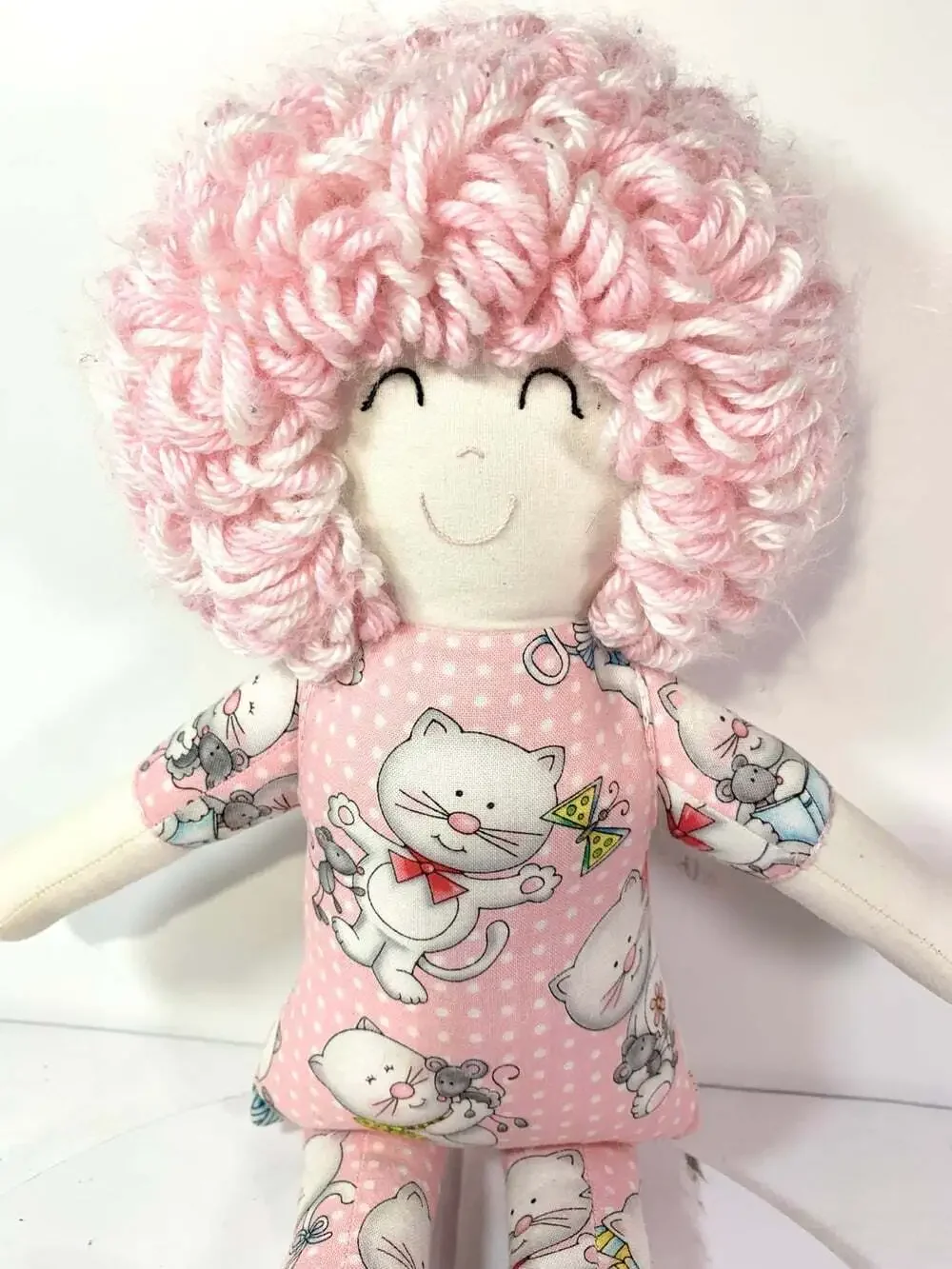 Pink & White yarn hair cat fabric doll